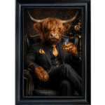 Highland Cow in Black and Gold floral suit - Luxury Framed Animal Wall Art