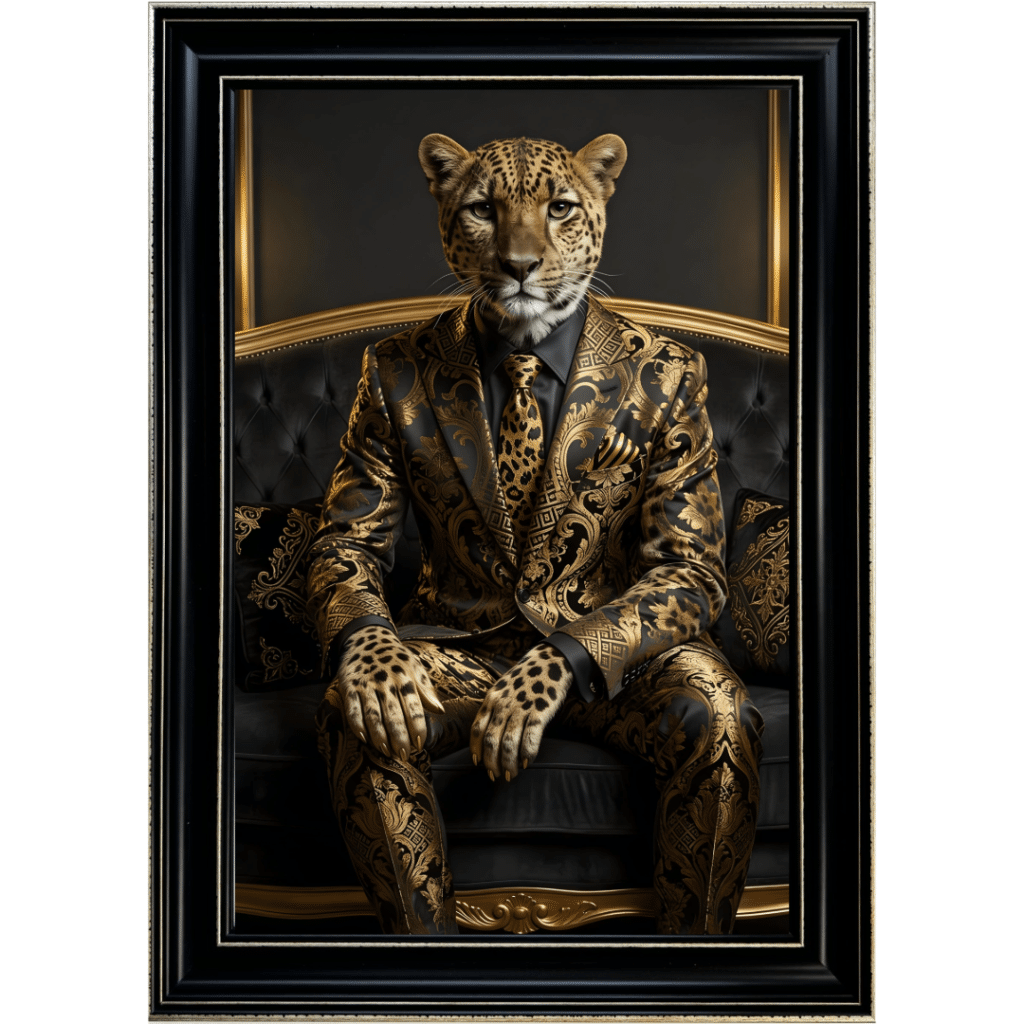 Leopard in Black and Gold floral suit - Luxury Framed Animal Wall Art - Black frame with Gold crackle