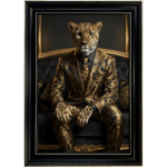 Leopard in Black and Gold floral suit - Luxury Framed Animal Wall Art - Black frame with Gold crackle