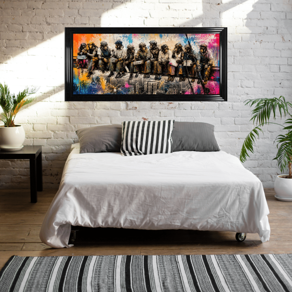 Monkey Business™ is a colourful contemporary framed wall art print featuring chimpanzees on a city skyline with vibrant graffiti styling. Handmade in the UK by Whitesplash.
