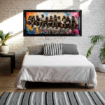 Monkey Business™ is a colourful contemporary framed wall art print featuring chimpanzees on a city skyline with vibrant graffiti styling. Handmade in the UK by Whitesplash.