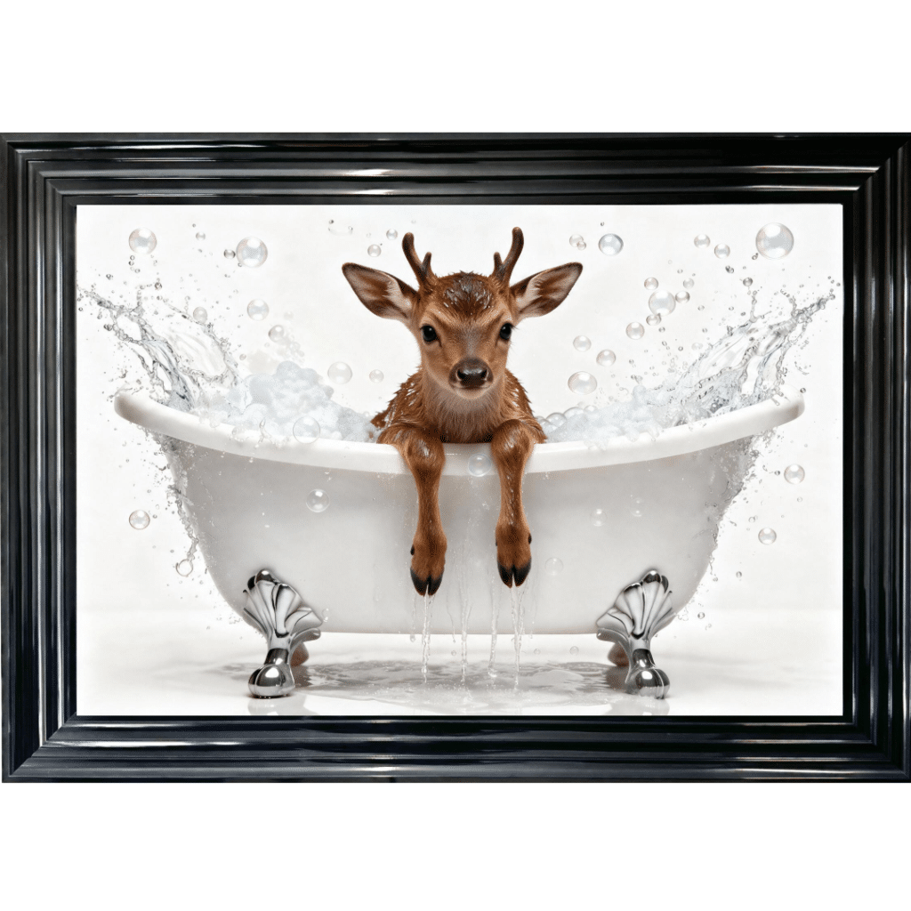 Baby Reindeer in the Bath Framed Picture