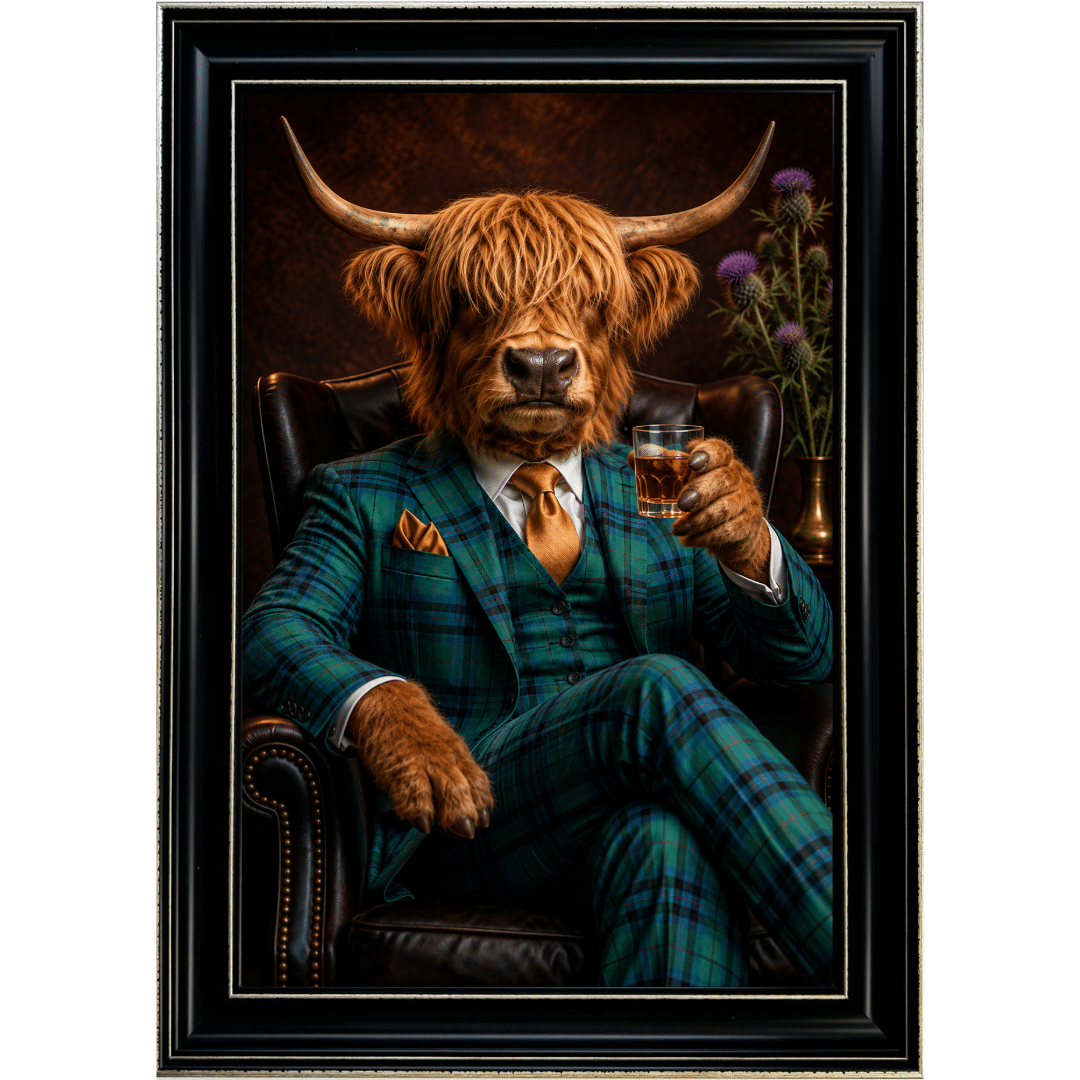 Untitled - 14 October 2026 at 20.14.19 (23) Highland Cow in Tartan suit - Framed Wall Art