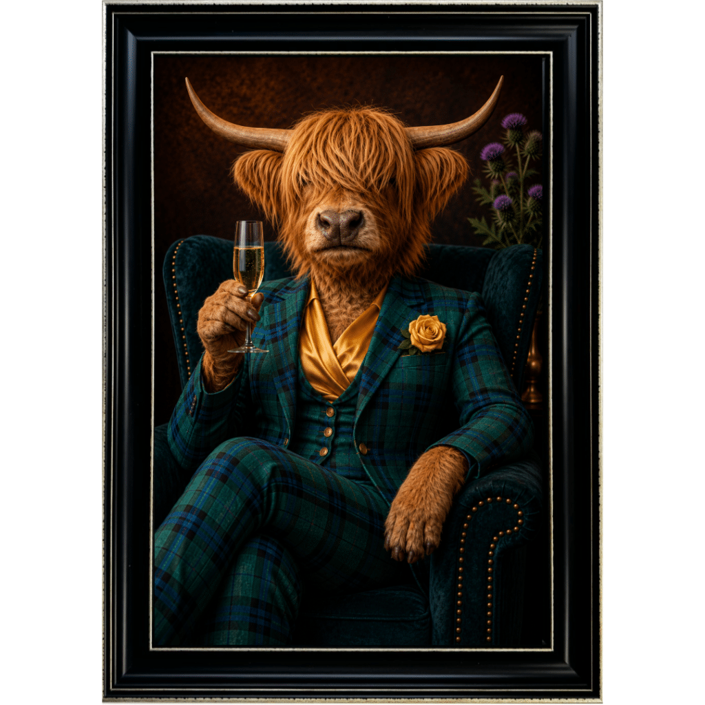 Female Highland  Cow in Tartan suit - Framed Wall Art